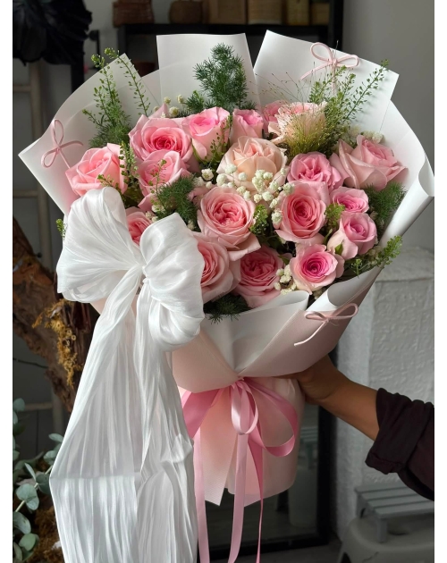 Bó hoa hồng mix nơ voan to