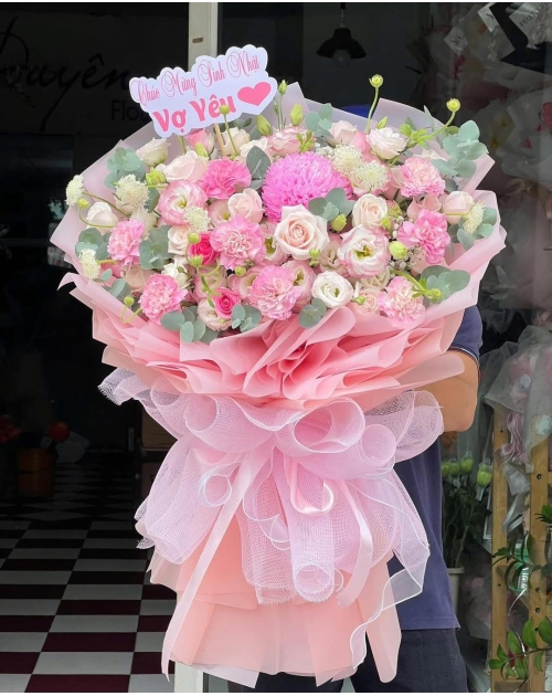 Bó hoa cát tường mix cúc mẫu đơn 