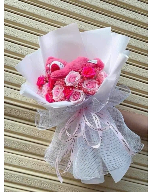 Bó hoa gấu ôm hoa rẻ đẹp tone hồng