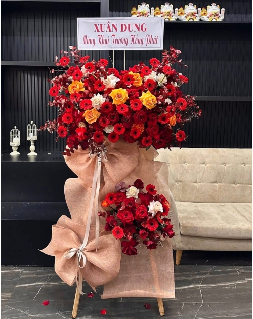 Kệ khai Trương tone đỏ cam hiện đại 