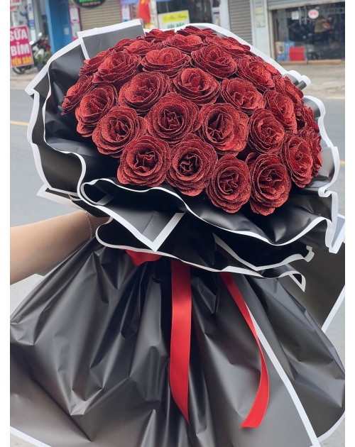 Bó hoa nhũ, kim tuyến 36 bông tone đen đỏ