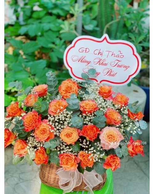 Giỏ hoa khai trương tone cam